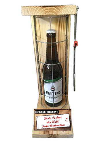 Weihnachten Geschenk für Tochter Geschenkidee Veltins Pilsener Eiserne Reserve Gitter incl. Notsäge Text rot Beste Tochter der Welt Frohe Weihnachten Bier (1 x 0.5 l) von Genial-Anders