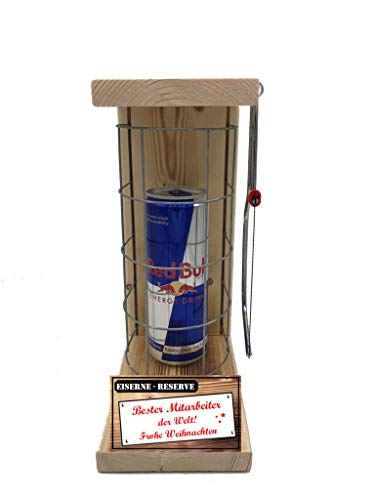 Weihnachten Geschenk Mitarbeiter Red Bull Eiserne Reserve Gitter incl. Notsäge Text rot Bester Mitarbeiter der Welt Frohe Weihnachten Energy Drink (1 x 0.473 l) von Genial-Anders