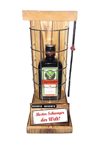 Weihnachten Geschenk für Schwager Geschenkidee Jägermeister Eiserne Reserve Gitter incl. Notsäge Text rot Bester Schwager der Welt Kräuter Likör (1 x 0.35 l) von Genial-Anders