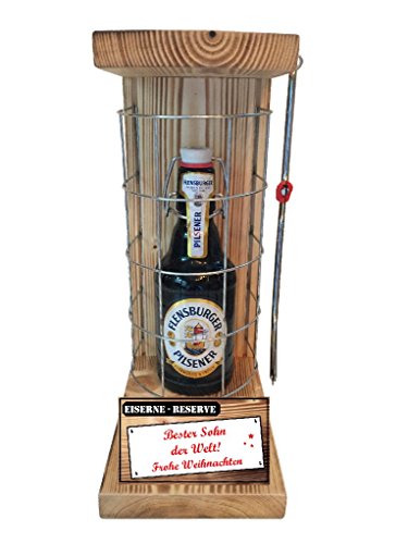 Weihnachten Geschenk für Sohn Geschenkidee Flensburger Pils Eiserne Reserve Gitter incl. Notsäge Text rot Bester Sohn der Welt Frohe Weihnachten Bier (1 x 0.33 l) von Genial-Anders