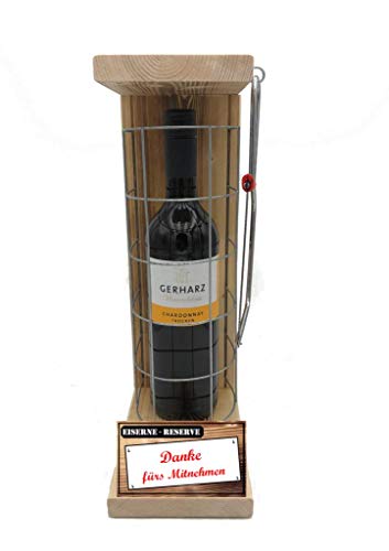 Eiserne Reserve Geschenk Weißwein Weinliebhaber Wein Geschenkset Danke Dankeschön Gitter incl. Notsäge Text rot: Danke fürs Mitnehmen Wein (1 x 0.75 l) von Genial-Anders