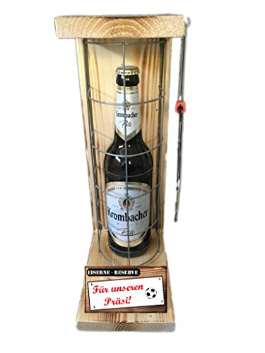 Geschenk Präsident - Krombacher Pils - Eiserne Reserve Gitter incl. Säge - Bier Geschenke für Männer - Text rot: Für unseren Präsi von Genial-Anders