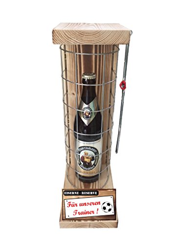 Trainer Geschenk Ideen Fußball Handball - Franziskaner Weissbier - Eiserne Reserve Gitter incl. Säge - Geschenke Set für Männer Frauen - Text rot: Für unseren Trainer von Genial-Anders