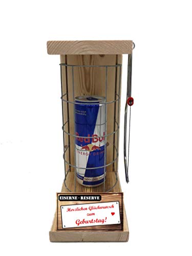 Red Bull Red Bull Geschenk - Eiserne Reserve Herzlichen Glückwunsch zum Geburtstag Red Bull Gitter incl. Säge - witzige lustige Geschenk-Idee Text rot von Genial-Anders