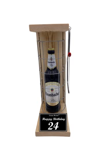 Krombacher - Biergeschenke für Männer lustig 24 Geburtstag Geschenke - Krombacher Pils Eiserne Reserve Gitterkäfig Text s/w 24 Happy Birthday Bier (1 x 0.5 l) von Genial-Anders