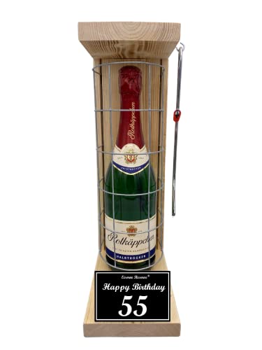 Eiserne Reserve Geschenk 55 Geburtstag - Rotkäppchen Sekt Gitterkäfig incl. Notsäge - witzige lustig für Männer und Frauen Text s/w 55 Happy Birthday Sekt (1 x 0.75 l) von Genial-Anders