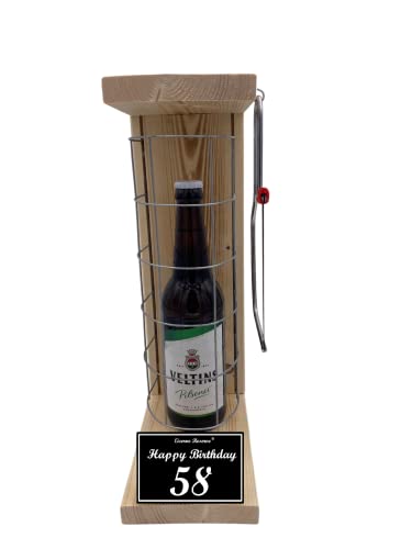 Veltins Geschenk 58 Geburtstag Geschenke - Veltins Pilsener Eiserne Reserve Gitterkäfig Biergeschenk Text s/w 58 Happy Birthday Bier (1 x 0.5 l) von Genial-Anders