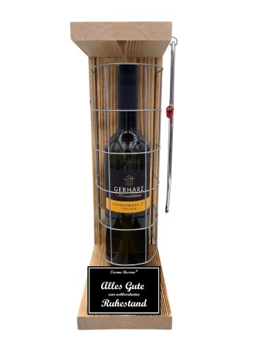 Ruhestand Geschenk zur Rente Pensionierung Eiserne Reserve Geschenk Gitterkäfig incl. Notsäge Text s/w Alles Gute zum wohlverdienten Ruhestand Wein (1 x 0.75 l) von Genial-Anders