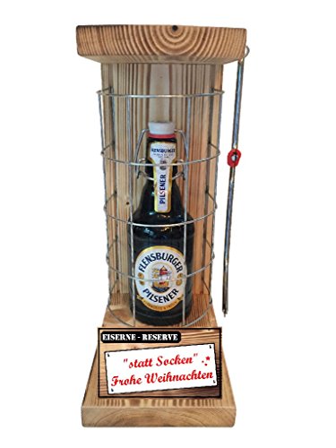 statt Socken Frohe Weihnachten | Eiserne Reserve Flensburger Geschenk incl. Säge | Gitter | lustiges Geschenk für Mutter Vater Bruder Schwester für Weihnachten | Bier Geschenk von Genial-Anders