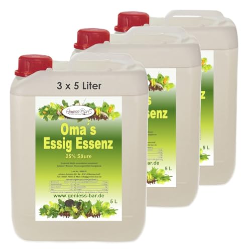 3x 5L Oma`s Essigessenz 25% Säure Unser Geschmackssieger für die gute Küche & Haushalt/Entkalken/Reinigen ohne Chemie mit Essig Essenz von Geniess-Bar!