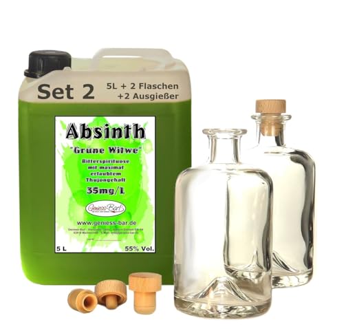 Absinth Die Grüne Witwe 5L Testurteil SEHR GUT(1,4) Mit maximal erlaubtem Thujon 35mg inkl 2 Flaschen 2 Ausgießer 55% Vol von Geniess-Bar!