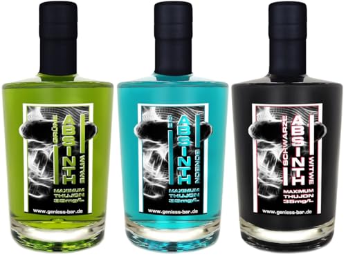 Absinth Set Grün Blau Schwarz 3x0,35L m. max. erlaubtem Thujon 35mg/L 55% Vol von Geniess-Bar!