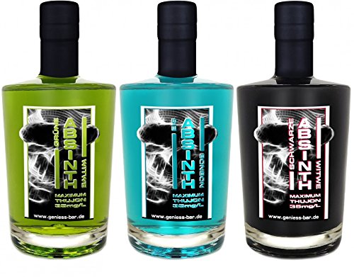 Absinth Set Grün Blau Schwarz 3x0,5L m. max. erlaubtem Thujon 35mg/L 55% Vol von Geniess-Bar!