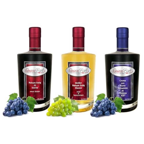 Balsamessig Sorglos Paket 3x 0,35L 25 Sterne Balsamessig/Weißer Balsam Essig/Crema di Balsamico di Modena IGP Geschenkflaschen Set von Geniess-Bar!