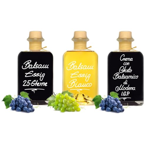 Balsamessig Sorglos Paket 3x 0,7L 25 Sterne Balsamessig/Weißer Balsam Essig/Crema di Balsamico di Modena IGP Set von Geniess-Bar!