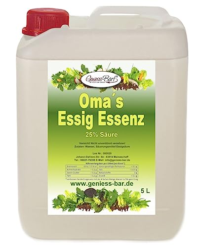 Oma`s Essigessenz 25% Säure 5 Liter Geschmackssieger für die gute Küche & Haushalt/Entkalken/Reinigen ohne Chemie Essig Essenz 25 Prozent von Geniess-Bar!