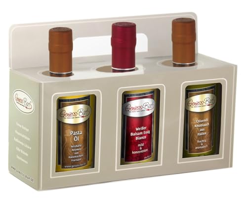 Essig & Öl Geschenkbox 3x 0,35L in premium Qualität Pastaöl/Balsamessig Bianco/Basilikum Olivenöl extra vergine kaltgepresst von Geniess-Bar!