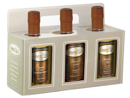 Geschenkbox 3x 500ml mit Landöl Butter/Peperoni Öl pikant/Pastaöl - Rapsöl VEGAN von Geniess-Bar!