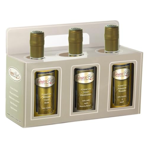 Geschenkbox Grand Cru 3x 0,5L edle Obstbrände Williams Birne Haselnuss Mirabelle Schnaps Obstler 40% Vol von Geniess-Bar!