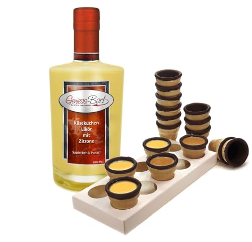 Käsekuchen Likör mit Zitrone 0,7L mit 8 Waffelbechern & Becherhalter - Saulecker! Lemon Cheesecake Liqueur 16% Vol. von Geniess-Bar!