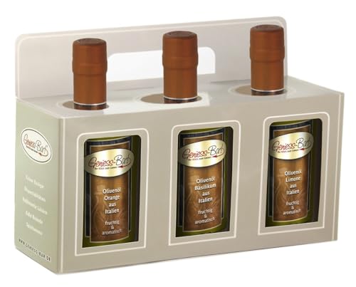 Olivenöl Geschenkbox 3x 0,35L in premium Qualität Orange/Basilikum/Limone extra vergine kaltgepresst von Geniess-Bar!