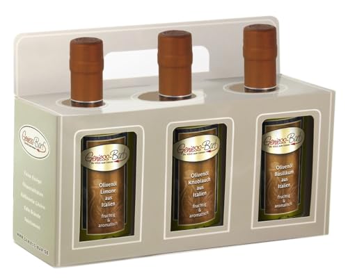 Olivenöl Geschenkbox 3x 0,5L in premium Qualität Limone/Knoblauch/Basilikum extra vergine kaltgepresst von Geniess-Bar!