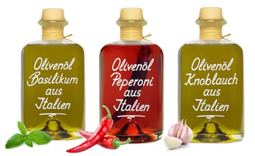 Olivenöl Trio 3x 1L Basilikum Peperoni Knoblauch Oliven Öl aus Italien premium Qualität im Set von Geniess-Bar!