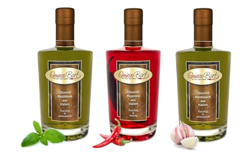 Olivenöl Trio Premium Qualität 3x 0,5L Basilikum Peperoni Knoblauch Oliven Öl aus Italien im Set von Geniess-Bar!