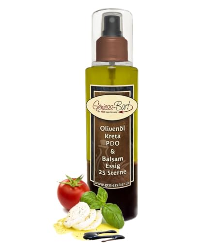 Sprühflasche Salatdressing 0,26L Kreta Olivenöl & 25 Sterne Balsam Essig Spray in Premium Qualität Pumpspray Vinaigrette für unterwegs / Büro / Camping von Geniess-Bar!