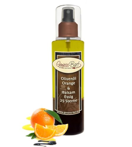 Sprühflasche Salatdressing 0,26L Olivenöl Orange & 25 Sterne Balsam Essig Spray in Premium Qualität Pumpspray Vinaigrette für unterwegs / Büro / Camping von Geniess-Bar!