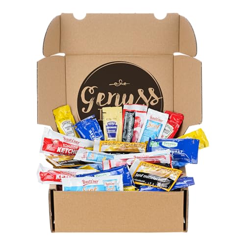 Genussleben Box mit 1000g Mini Portionen Senf, Ketchup und Mayonnaise - ideal zum Grillen oder als Vorratsbox für Urlaub, Büro, Camping, Zuhause oder als Geschenk. von Genussleben