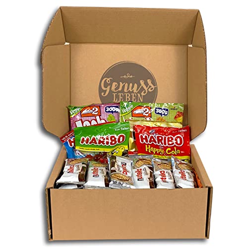 Genussleben Geschenkbox mit 1 kg Lachgummi,1 kg Haribo und 10x leckeren nutella biscuits, Grosspackung für Kinder und Erwachsene von Genussleben