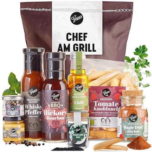 Gepp's Feinkost Chef am Grill Geschenkkorb für Männer I Köstliches Grill-Geschenk mit Grillsaucen, Whiskey Senf, Chili-Öl, Black Lava Salz, Gourmet Pfeffer & Grissini I Geschenkidee für ihn von Gepp's