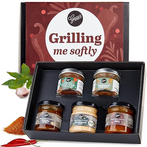 Gepp's Feinkost „Grilling me softly“ mit Gewürzen & BBQ Saucen I Mini Grillgeschenk für Männer I Geschenk mit Spezialitäten wie Magic Spice Gewürz & Whiskey Pfeffer Sauce I Geschenkidee zum Grillen von Gepp's