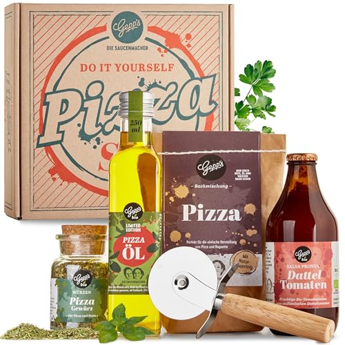 Gepp’s Feinkost DIY Pizza Geschenkset I Knusprige und leckere Pizza zum Selbermachen I Geschenk mit Pizzateig nach neapolitanischer Art, Sugo aus Kirsch- und Datteltomaten, Pizzaöl und Bio Pizzagewürz von Gepp's