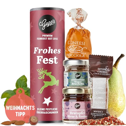 Gepp’s Feinkost Weihnachts-Geschenk „Mini Frohes Fest“ I Geschenkset Weihnachten mit winterlich-süßen Delikatessen I Mit Bratapfel Konfitüre, Winter Bruschetta, Dark Nougat & Cuneesi Nocciola von Gepp's