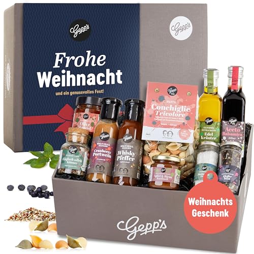 Gepp's Feinkost "Frohe Weihnacht" Geschenkbox I Weihnachts-Geschenk gefüllt mit den feinsten Delikatessen für ein wahres Gaumenerlebnis | Hochwertiges Geschenk zu Weihnachten für Frauen und Männer von Gepp's