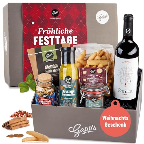 Gepp's Feinkost Fröhliche Festtage Geschenkbox I Weihnachts-Geschenk mit Delikatessen wie edlem spanischem Rotwein, Glühweingewürz, uvm. I Geschenk für Männer und Frauen zu Weihnachten von Gepp's