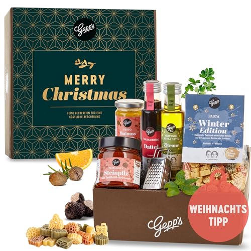 Gepp’s Feinkost Geschenkbox Merry Christmas I Premium Dattel-Essig & Zitronen Olivenöl, dazu unsere Pasta Winter, Walnuss-Sauce und eine aromatische Tomatensauce mit Steinpilz, Trüffel & Thymian von Gepp's