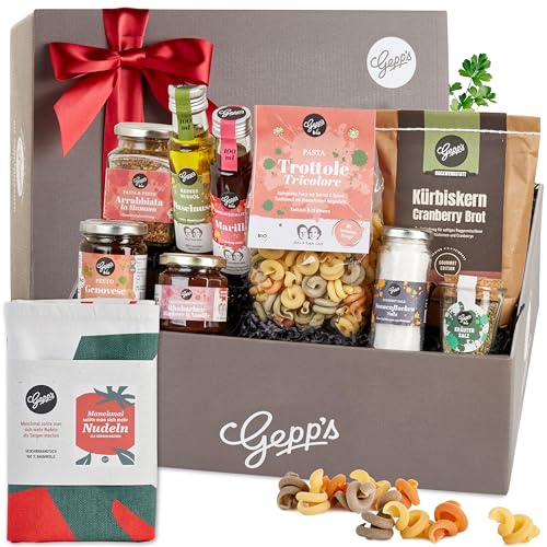 Gepp's Feinkost Geschenkkorb mit vielen Delikatessen & Geschirrtuch I Geschenkset mit Gourmet-Pesto, Pasta-Gewürz, Brotbackmischung,Bio-Olivenöl & Kräutersalz I Präsentkorb für jeden Anlass von Gepp's