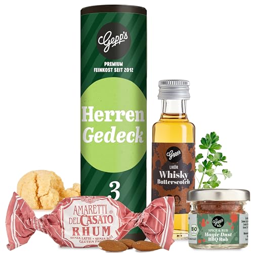 Gepp's Feinkost Geschenkset "Herrengedeck" I Gourmet Präsentkorb mit Butterscotch-Whisky-Likör, Amaretti-Rum und BBQ Rub-Gewürz als kleines Geschenk I Probierset ohne künstliche Zusätze von Gepp's