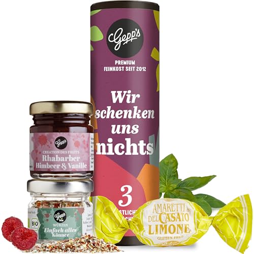 Gepp’s Feinkost Wir schenken uns nichts I Geschenkkorb mit Gewürzen & Konfitüre I Mitbringsel zum Geburtstag oder als Dankeschön I Geschenkkorb für Männer und Frauen I Gourmet Geschenkidee von Gepp's