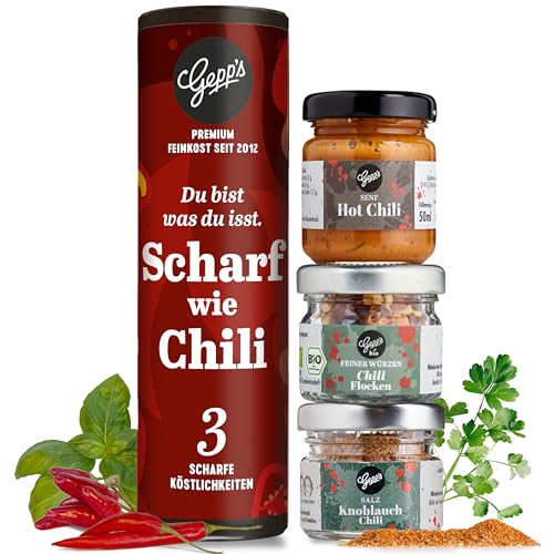 Gepp’s Feinkost Gewürzset Chili I Feinkost Gewürze zum Verschenken I Geschenkidee für Schärfe-Liebhaber mit Knoblauch-Chili-Salz, Chiliflocken & Hot-Chili Senf I Chilli Grillgewürz, Burger-Gewürz von Gepp's