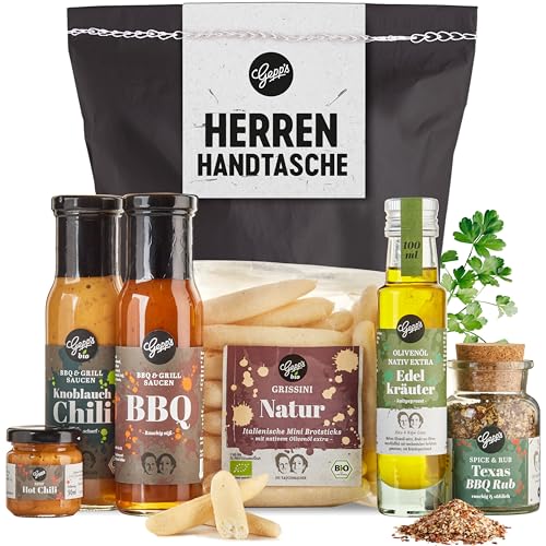 Gepp’s Feinkost Herrenhandtasche Geschenkkorb I Lustiges Männergeschenk gefüllt mit DDelikatessen wie Whiskey Pfeffer Sauce, Knoblauch Öl, Chili Flocken I Männer Geschenkidee zum Geburtstag von Gepp's