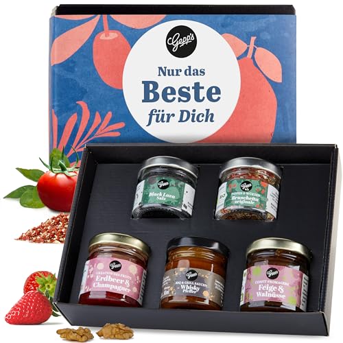 Gepp's Feinkost Mini Best of Geschenkbox I Geschenkkorb mit 2 Gewürz-Variationen, 2 fruchtigen Konfitüren und einer Edelsauce I perfekt zum Verschenken oder selbst genießen I 5 x 50ml von Gepp's