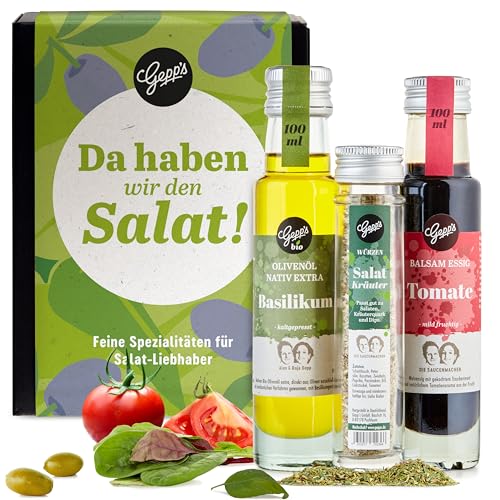 Gepp’s Feinkost Mini Essig & Öl Salat Set 3-teilig I Geschenkidee mit Öl, Essig und Salatgewürz für aromatische Kreationen I Bio-Basilikum-Olivenöl, Tomaten-Balsamessig & Salatkräuter von Gepp's