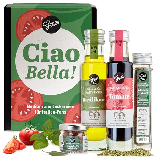 Gepp’s Feinkost Mini Geschenkset Italien | Geschenbox mit italienischen Delikatessen wie Bio-Olivenöl Basilikum, Bruschetta-Dip, italienisches Gewürz | Feines Gourmet-Geschenk für Männer & Frauen von Gepp's