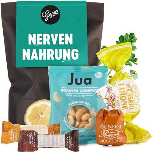 Gepp’s Feinkost Mini Geschenkset “Nervennahrung“ I Anti-Stress Geschenk mit Fleur de Sel Cashewnüssen & Smoothie Gummies I Geschenkidee für Nervenruhe & Stressabbau im Studium oder Büro von Gepp's