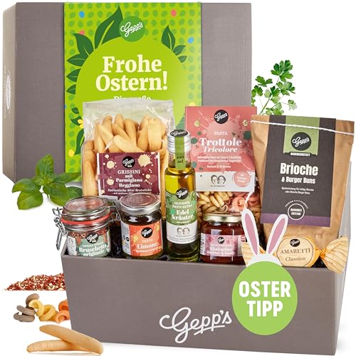 Gepp’s Feinkost Ostergeschenk „Frohe Ostern“ I Delikatessen in großer Geschenkbox I Pasta, Pesto, Grissini, Olivenöl & Brioche-Backmischung, Amaretti & Konfitüre I Osternest für Genießer von Gepp's