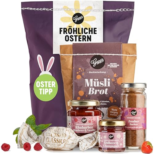 Gepp’s Feinkost Ostern Wundertüte, Gefülltes Ostergeschenk mit Delikatessen zum Frühstück, Kleine Überraschung mit Fruchtaufstrichen und Brotbackmischung, Geschenk nach eigener Rezeptur von Gepp's